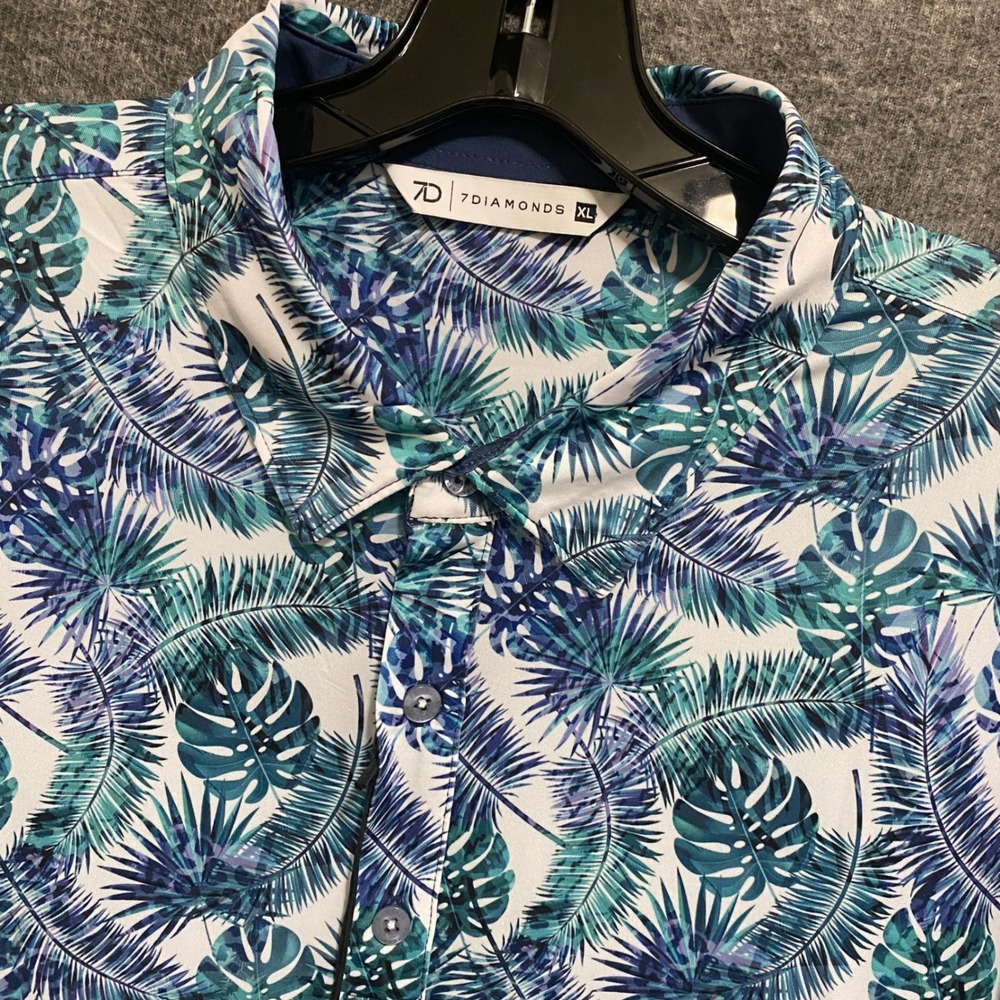 7 Diamonds Golf Polo Shirt Men XL 4 Way Stretch Anti Microbial Wicking Palm Leaf